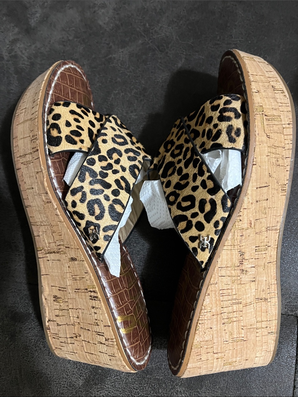 Sam Edelman Leopard Print Leather Slide Platform Mules - Tan & Black - Picture 5 of 9